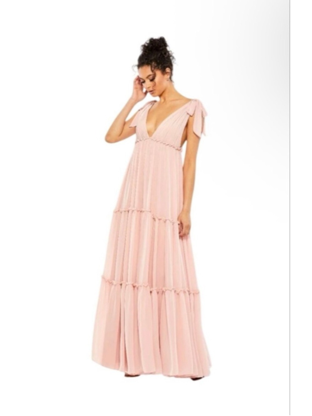 Women's Mac Duggal Pink Tiered V-Neck Maxi Dress Size 4